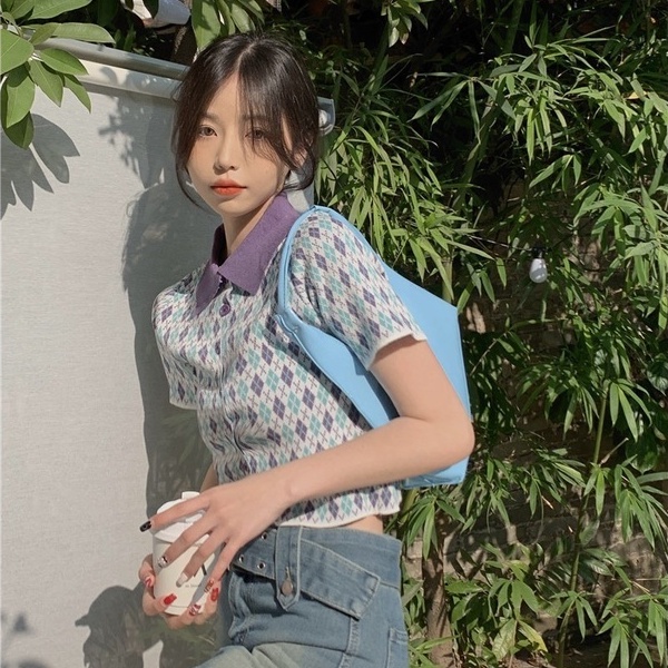 [Hana And Alice] Áo Cardigan Dệt Kim Cổ POLO Dáng Ngắn Trẻ Trung Hợp Thời Trang