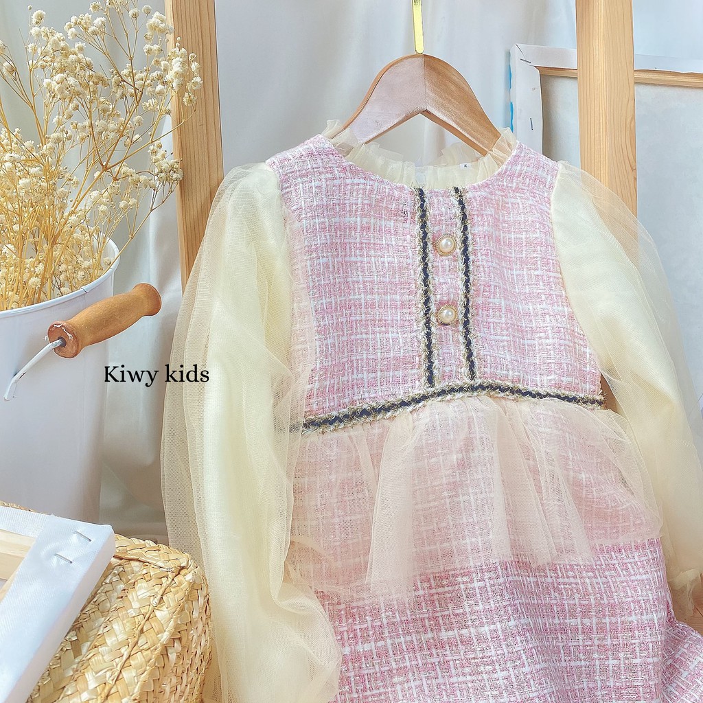Váy dạ Tweed cho bé gái KIWY KIDS phối ren phong cách công chúa Kids11 cho bé từ 1 đến 4 tuổi