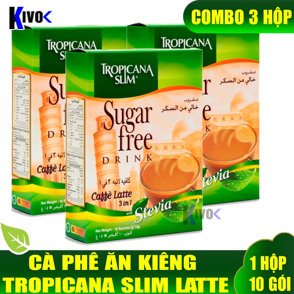 [COMBO 3 HỘP] Cà Phê Ăn Kiêng Tropicana Slim Caffe Latte Với Chiết Xuất Cỏ Ngọt Stevia 3in1 10 Gói 14g - Kivo