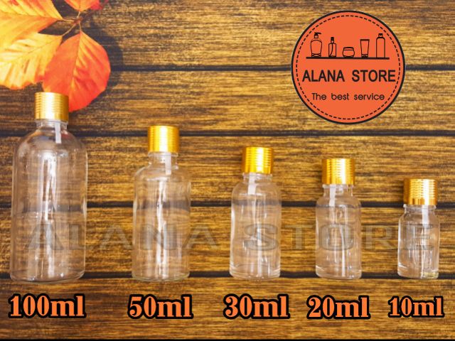 Lọ thủy tinh trong nắp tinh dầu nhôm vàng 30ml