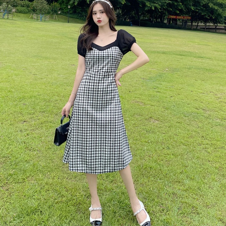 Đầm dài ZHELIHANGFEI tay ngắn họa tiết sọc caro phong cách cổ điển