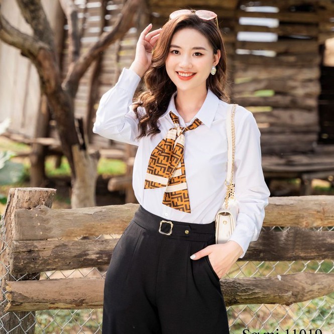 Áo sơ mi nữ công sở màu trắng dài tay kèm khăn thắt nơ phong cách Hàn Quốc EM-11019
