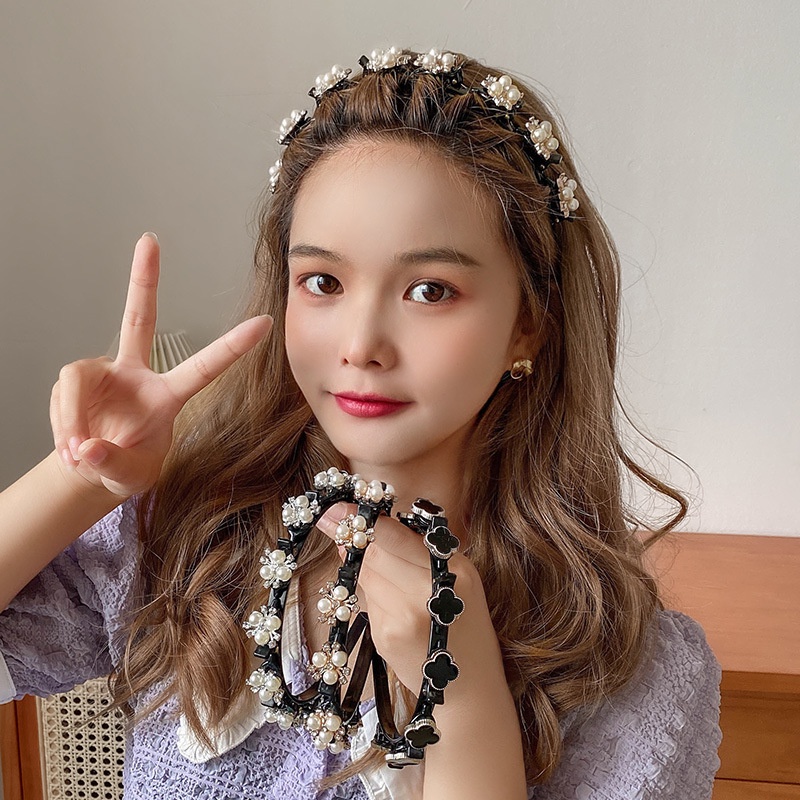 Băng Đô Cài Tóc Hai Lớp Bằng Nhựa Đính Ngọc Trai Thời Trang Dành Cho Nữ