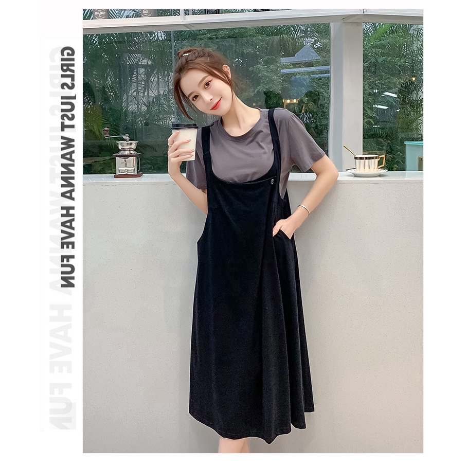 Set Áo Thun Ngắn Tay + Đầm Yếm Thời Trang Mẫu 2020 Theo Phong Cách Hàn Quốc Dành Cho Mẹ Bầu