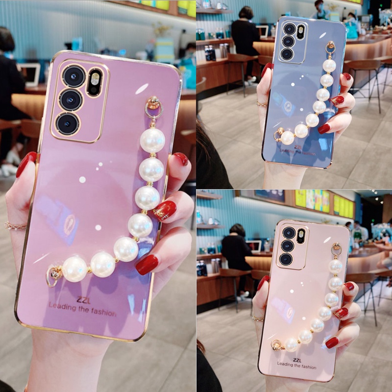 Ốp điện thoại mềm mạ viền vuông có dây đeo xỏ ngọc trai giả cho Samsung A52s A72 A32 A52 A22 A30 A20 M32 6D