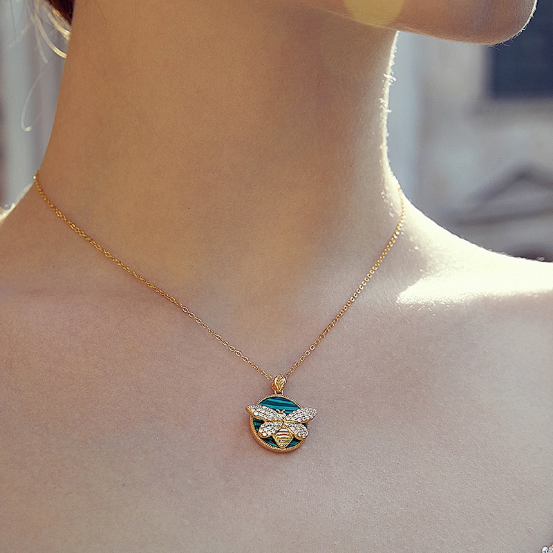 Dây chuyền/ Khuyên tai Bamoer bằng bạc 925 mặt ong đính đá Malachite thời trang cho nữ