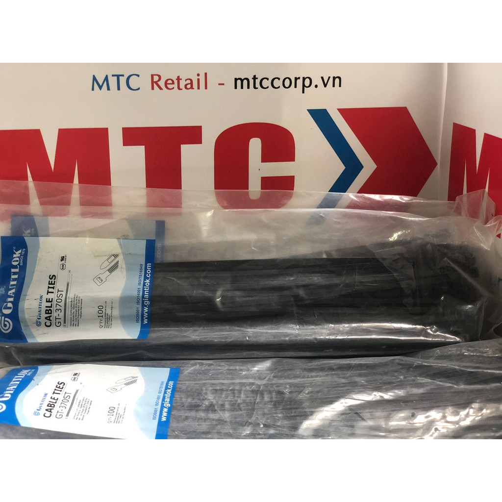 Túi 100 Dây thít, dây rút nhựa màu đen 370×4.8mm cao cấp GT370STCB nhập khẩu Giantlok-Thái Lan
