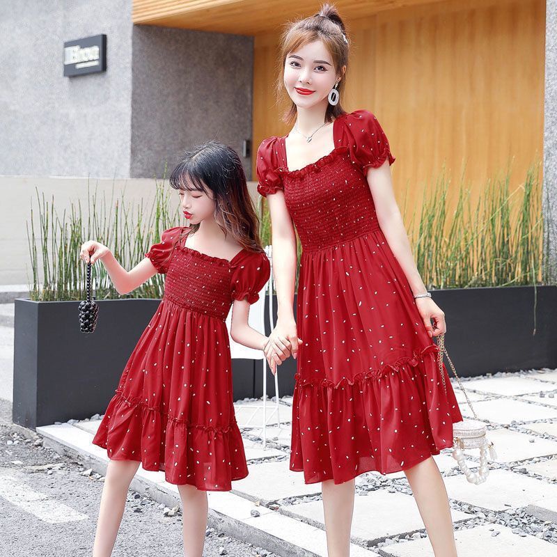 Thời trang bé gái Váy phồng tay Váy Mẹ Con gái Váy đầm 3-15 Tuổi Cô gái Váy cotton hoa Cô gái Váy đi biển