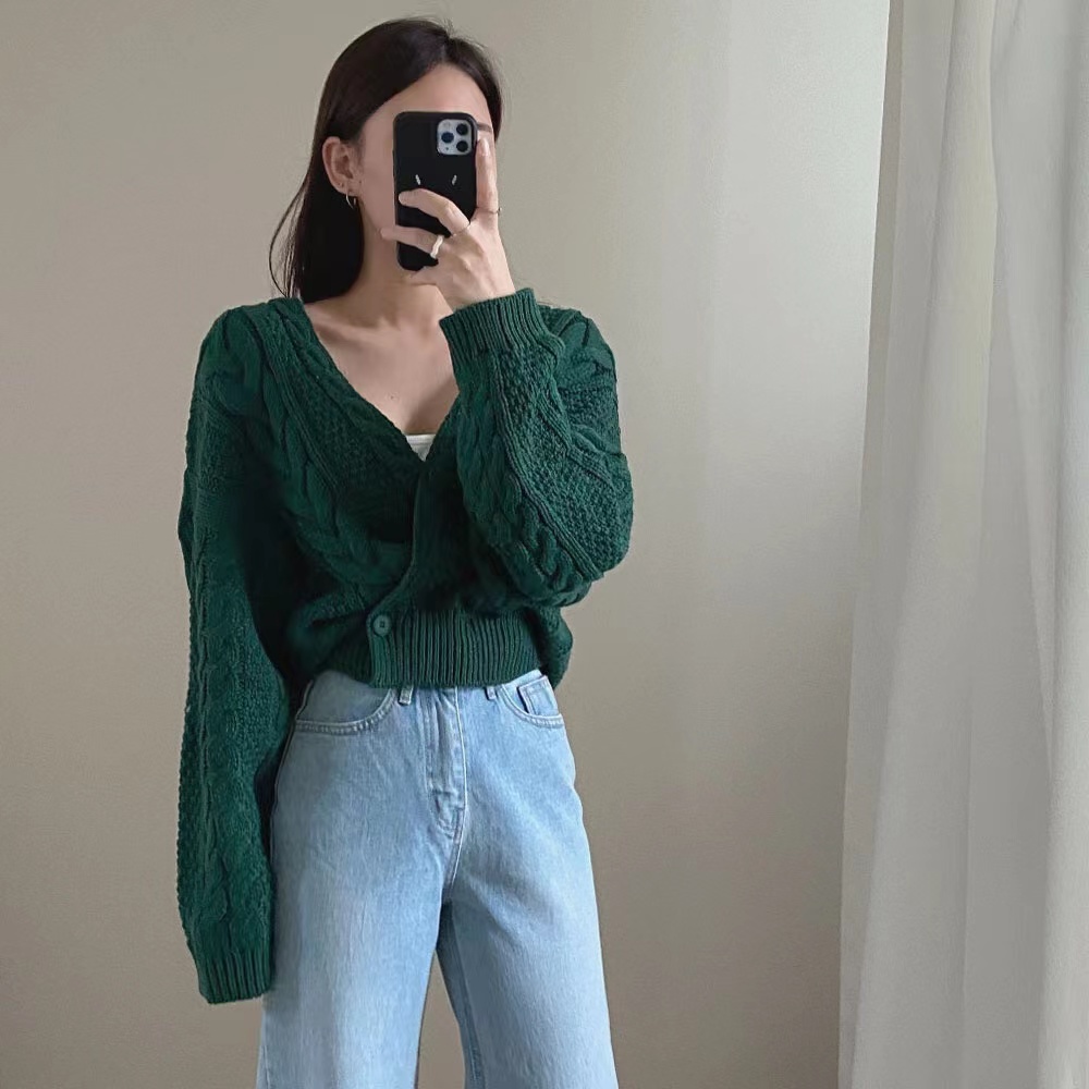 DUNEA Áo Sweater Dệt Kim Cổ Chữ V Phối Một Hàng Nút Phong Cách Vintage Gợi Cảm Cho Nữ