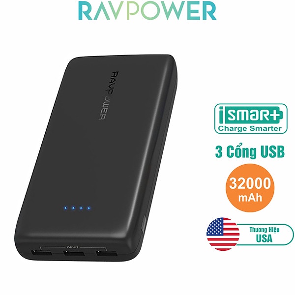 Pin Sạc Dự Phòng RAVPower RP-PB064 Dung Lượng 32.000mAh - 3 Cổng Sạc Nhanh ismart+ - Hàng Chính Hãng VN - Bảo Hành 1 Năm