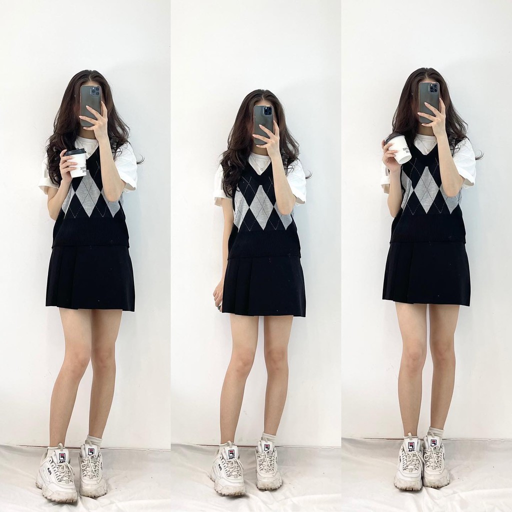 (FREESHIP) Áo len gile đen kẻ caro đen xám hàng xuất cao cấp