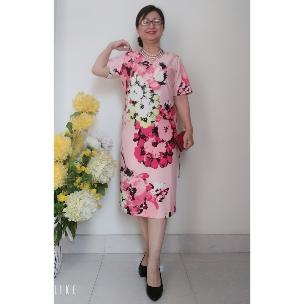 Size XL (61 - 70kg) - Đầm Trung Niên Dáng Suông Form Dài - Vải Xleo Co Giãn - Có Túi