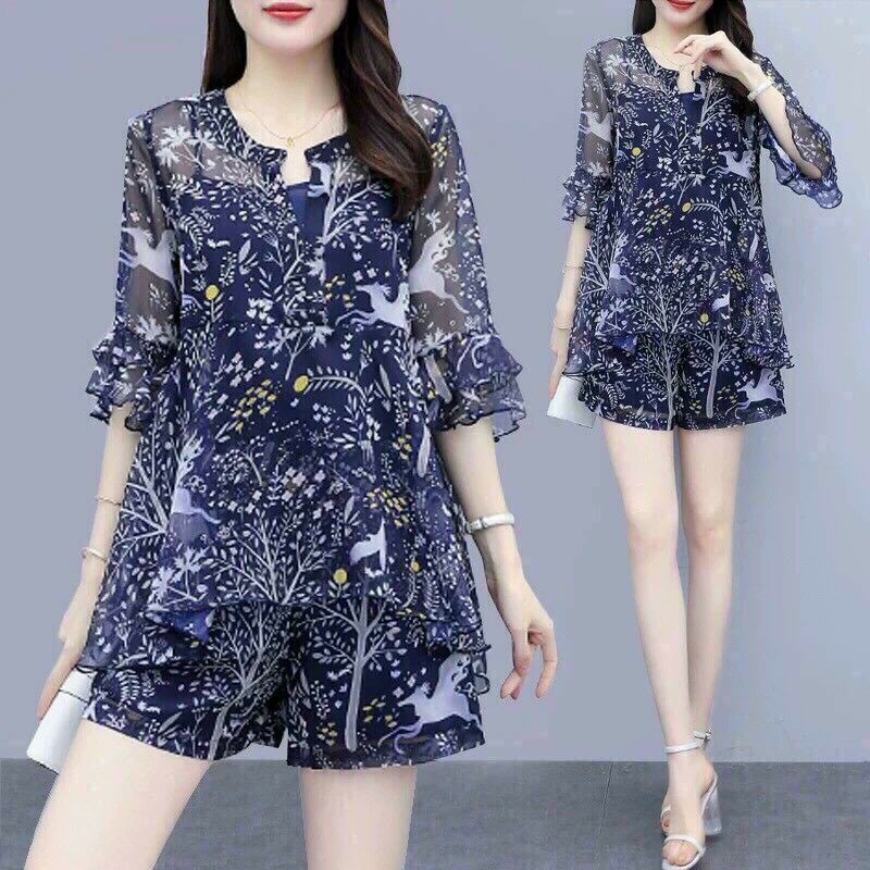 Hàng nhập - Set bộ nữ short voan in ngôi sao, bộ đùi nữ xinh xắn