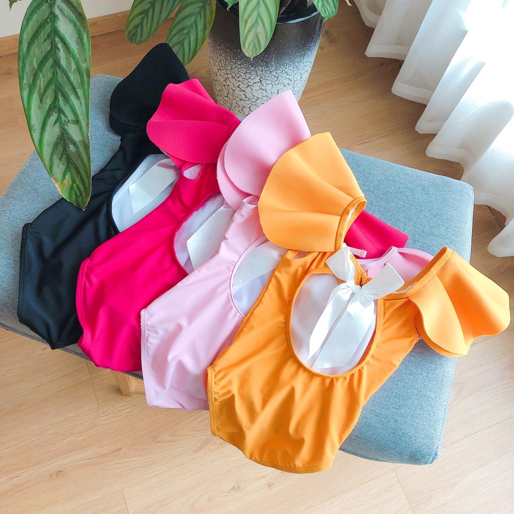 Bikini liền thân bé gái bèo cổ hoa hồng hở lưng cột nơ (tặng kèm nón bơi)