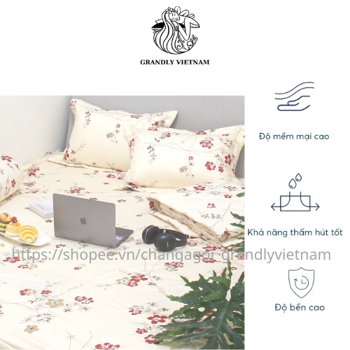 Bộ ga gối (3 món) cao cấp Grandly Vietnam chính hãng vải bông 4 mùa siêu mềm mại, thoáng mát