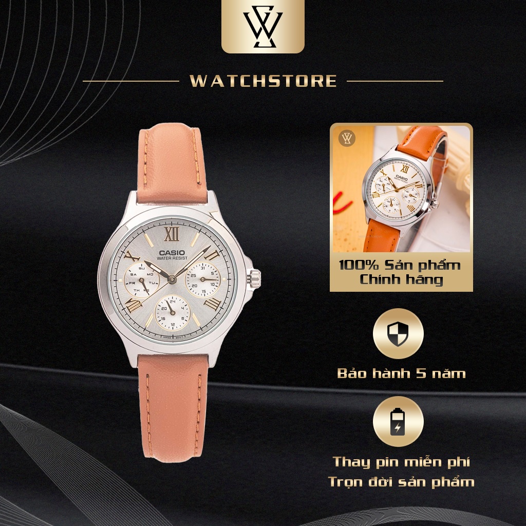 Đồng Hồ Quartz Nữ Casio WATCHSTORE LTP-V300L-7A2UDF Thiết Kế Kính Khoáng 33.2mm, Dây Đeo Da Và Vỏ Thép Không Gỉ