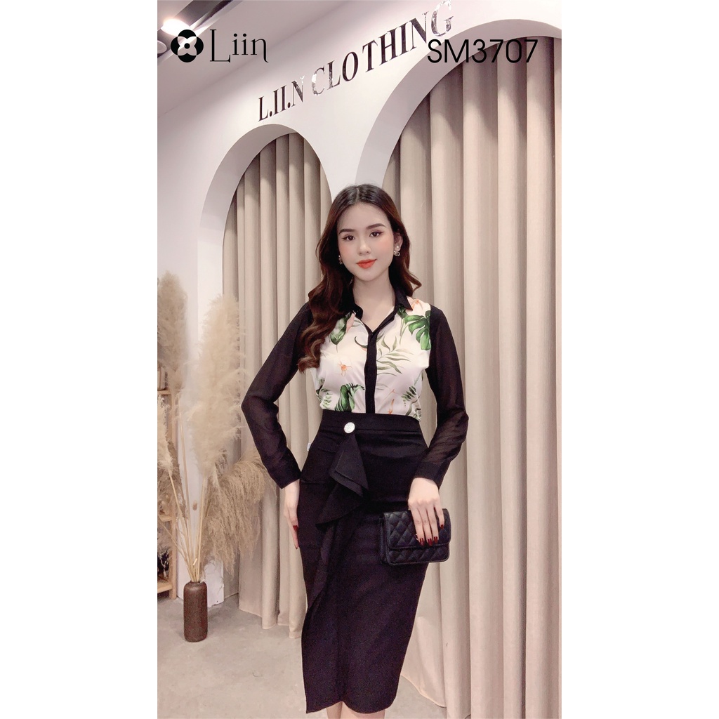 Áo sơ mi nữ cao cấp chất Lụa đẹp thiết kế họa tiết Hoa Tay Đen phong cách năng động, cá tính Liin Clothing SM3707
