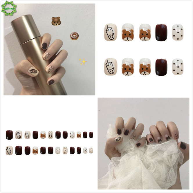 Cod Qipin Lovely Ins 24 Pcs Coffee Bear Removable Fake Nails+Glue for Women Ladies Party Daily