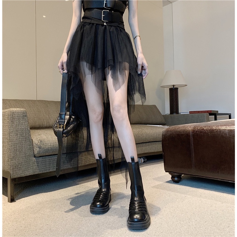 Set áo ống thun croptop ôm body tôn dáng và da dây kéo dây gài khóa hở vai + váy lưới đen lưng cao dài ngắn đuôi cá