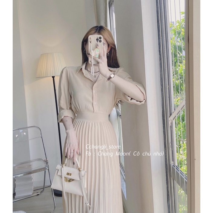 Váy Sơ Mi Xếp Kem Nude Không Bai Không Phai Không Nhăn, Váy Thiết Kế Phù Hợp Với Công Sở, Dự Tiệc | BigBuy360 - bigbuy360.vn
