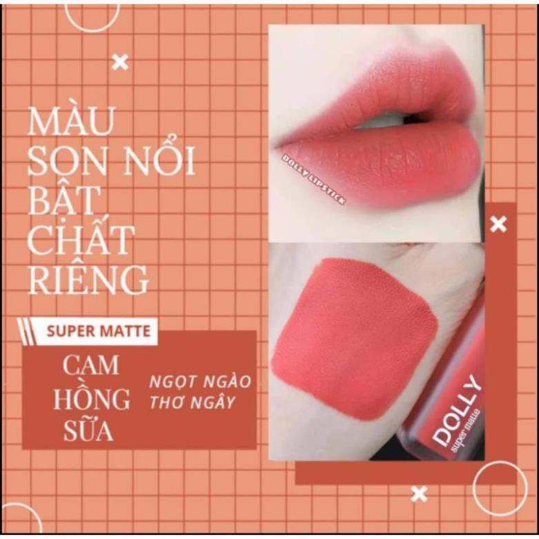 Son kem lì màu cam hồng sữa Dolly super matte, son kem lì không chì bền màu lâu trôi, mua 2 cây tặng 1 hộp đựng cao cấp