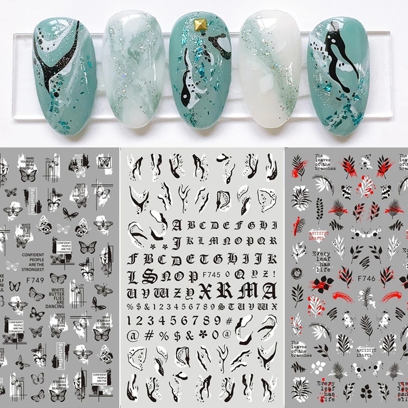 [Hàng mới về] Miếng Nhãn Dán Họa Tiết Bướm / Hình Học / Chữ Cái Màu Trắng / Đen Trang Trí Móng Tay 3D DIY