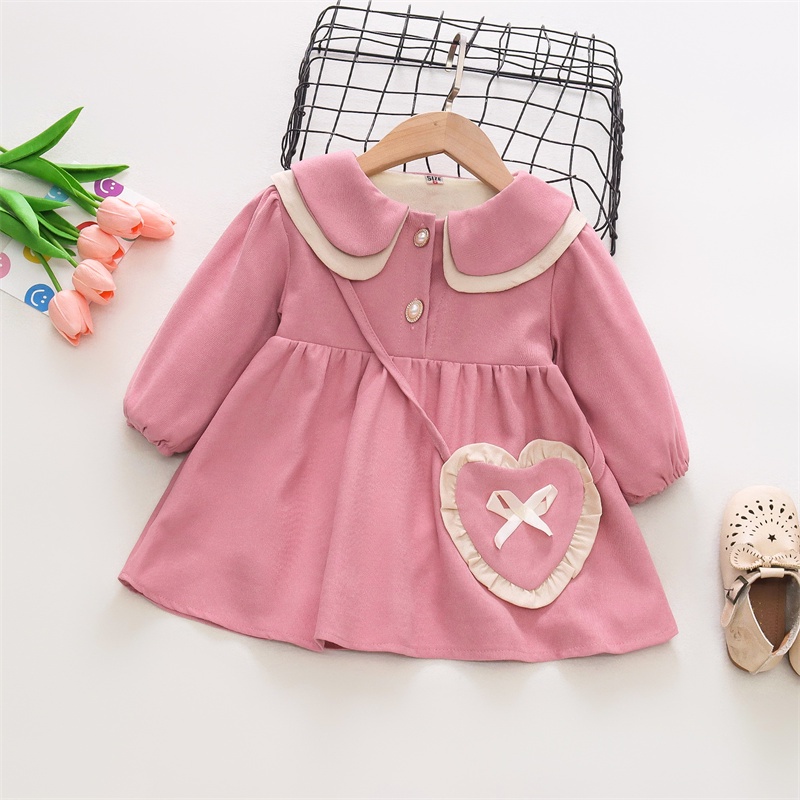 Đầm Cotton Thu Đông Tay Dài Cổ Búp Bê Màu Đỏ / Hồng Phong Cách Hàn Quốc Cho Bé Gái 0-3 Tuổi