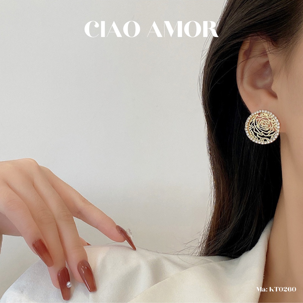 Khuyên tai nữ, bông tai tròn hoạ tiết lép viền đá sang trọng Trang sức Ciao Amor - KT0260