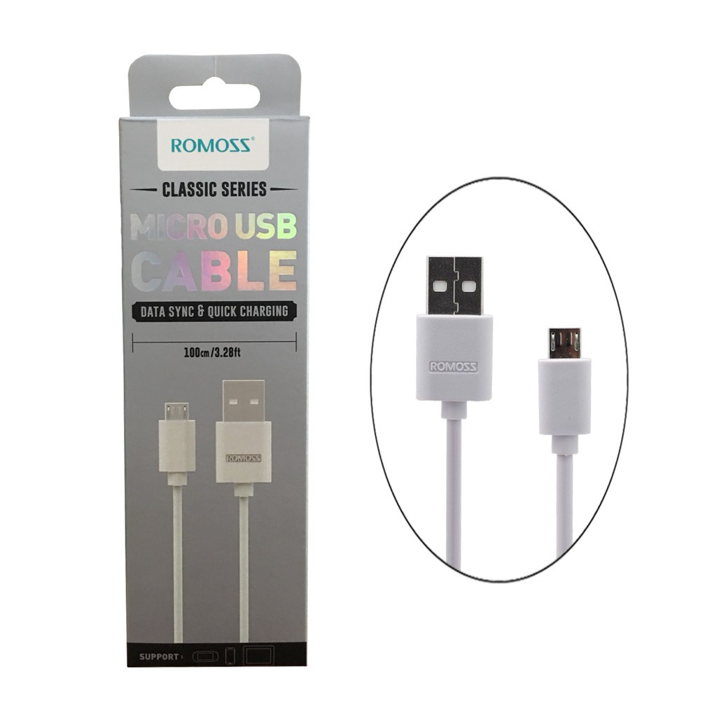 Cáp sạc điện thoại micro USB thường bản tròn Romoss dài 1m - Hãng phân phối chính thức