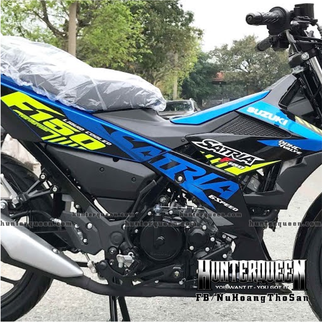 Tem rời Cao cấp in UV ép nhiệt, Satria FI mẫu 2022 mới nhất. Dán xe phía trước màu đen - phía sau xanh