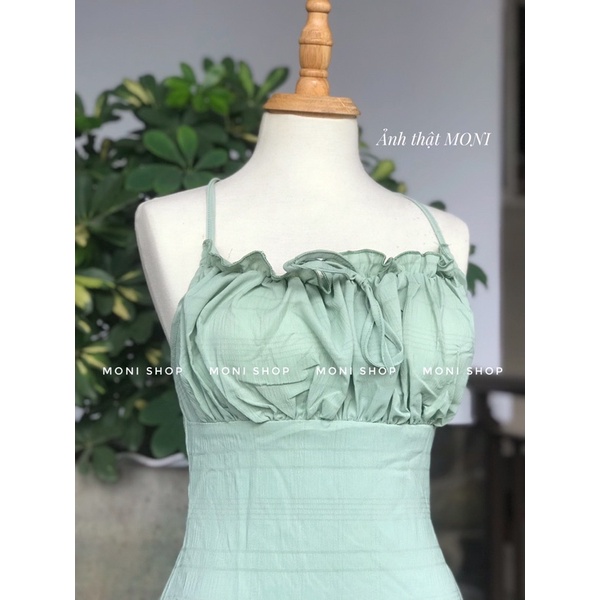 Váy 2 dây hở lưng ôm body  khóa kéo lưng 2 lớp xanh