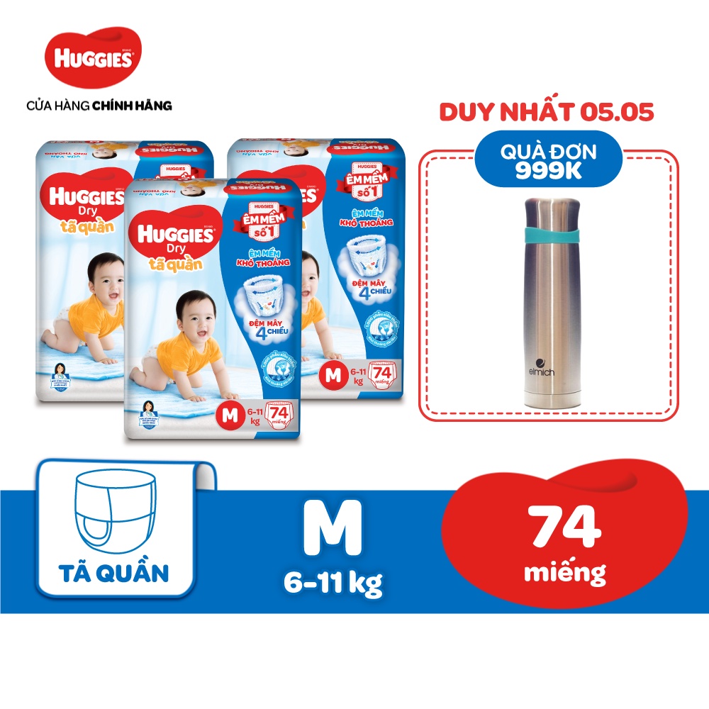 [Mã MKBHUGBU giảm 12% đơn từ 400K] Combo 3 Tã quần Huggies Dry Super Jumbo M74/L68/XL62/XXL56