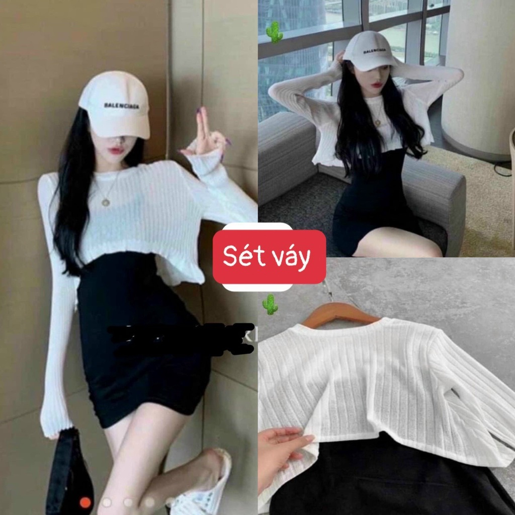 đầm body ôm ngắn kèm áo ngoài mỏng chất thun gân