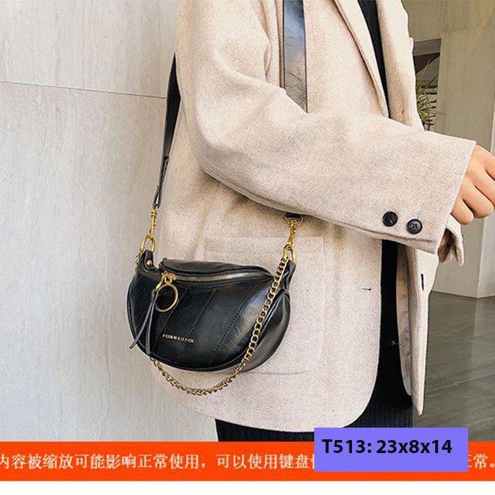 Túi bao tử đeo chéo vải bố unisex nam nữ đeo bụng đeo trước ngực kèm dây xích cá tính T513 | BigBuy360 - bigbuy360.vn