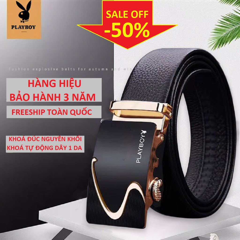 [HÀNG HIỆU] Thắt Lưng Da Nam PLAYBOY Khóa Tự Động Cao Cấp Dây Nịt Nam Da Bò 100% Chính Hãng Mạ Vàng Bạc Nam Tính GG-999K