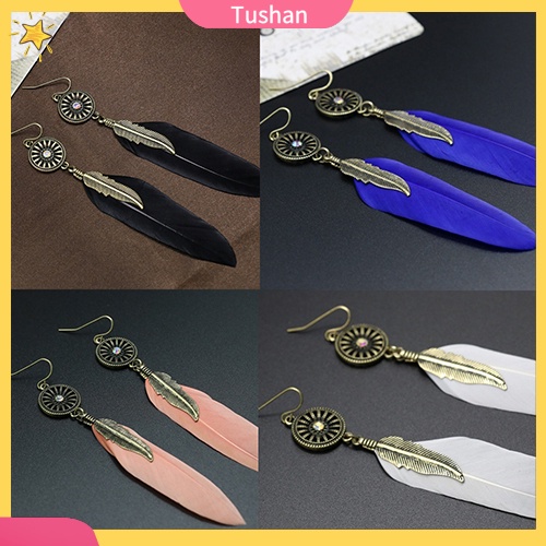 Khuyên tai hợp kim phối lông vũ thời trang vintage