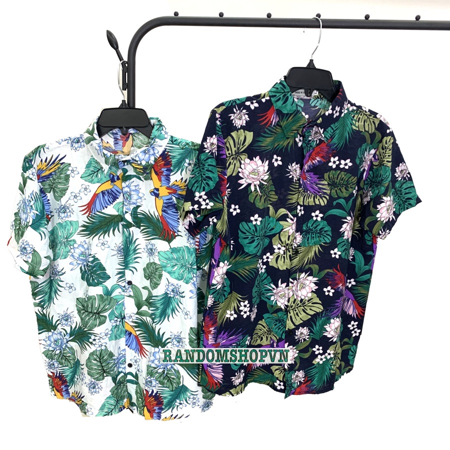Áo sơ mi hoa lá chim cò đi biển, chất đũi mềm mát nam nữ mặc đẹp
