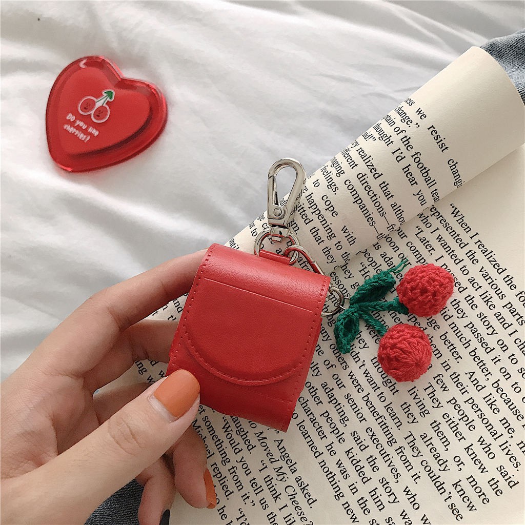 Vỏ bảo vệ hộp sạc tai nghe AirPods Pro AirPods 1 AirPods 2 bằng da gắn móc khóa hình quả Cherry dễ thương