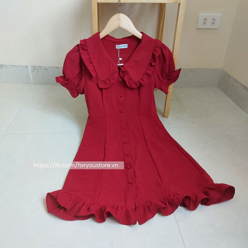 Váy đỏ đô FORYOU đầm cổ sen bèo tay bồng cúc giữa nhún bèo chân váy - Suri Dress