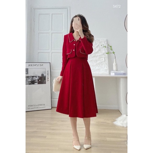 Set váy hai dây kèm áo khoác croptop chất tuyết mưa màu đỏ sang trọng | BigBuy360 - bigbuy360.vn