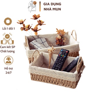 Giỏ mây đựng đồ, giỏ đi picnic, đựng mỹ phẩm, giỏ có lót vải Hình chữ nhật CÓ QUAI decor vintage