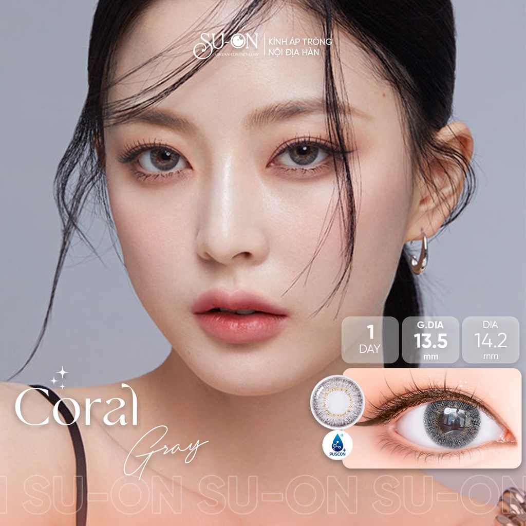 Lens 1 ngày Olens CORAL GRAY áp tròng 14,2mm, xám xanh tây Hàn Quốc, siêu êm đeo 24h