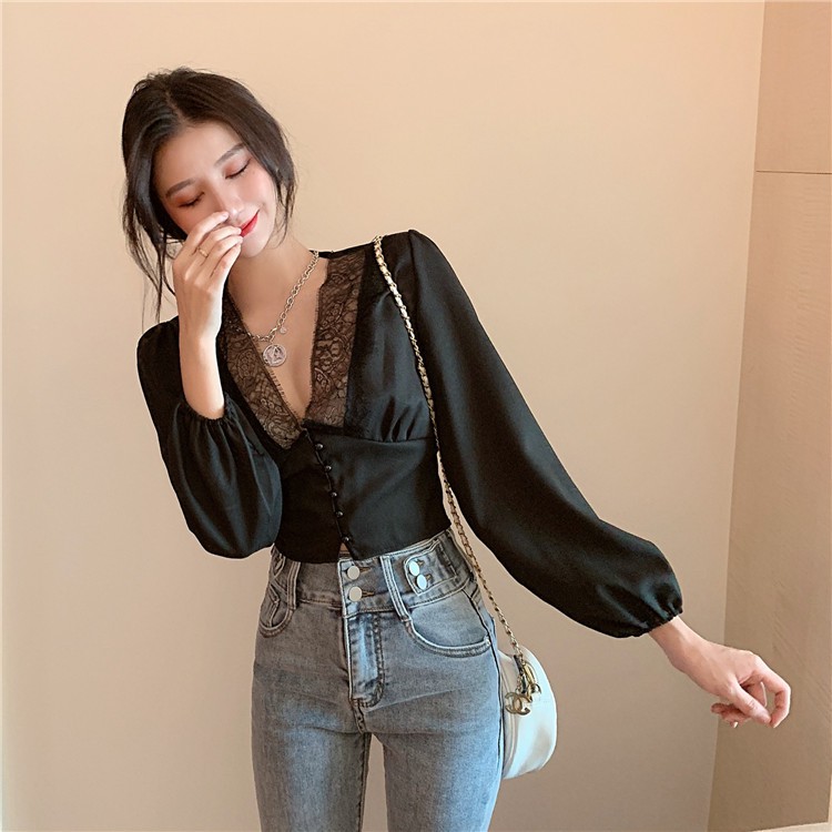 [Mã WASTUP giảm 10% tối đa 30K đơn 99K] SẴN Áo sơ mi cổ V viền ren hoa ôm eo tôn dáng cực sang J0061 | BigBuy360 - bigbuy360.vn