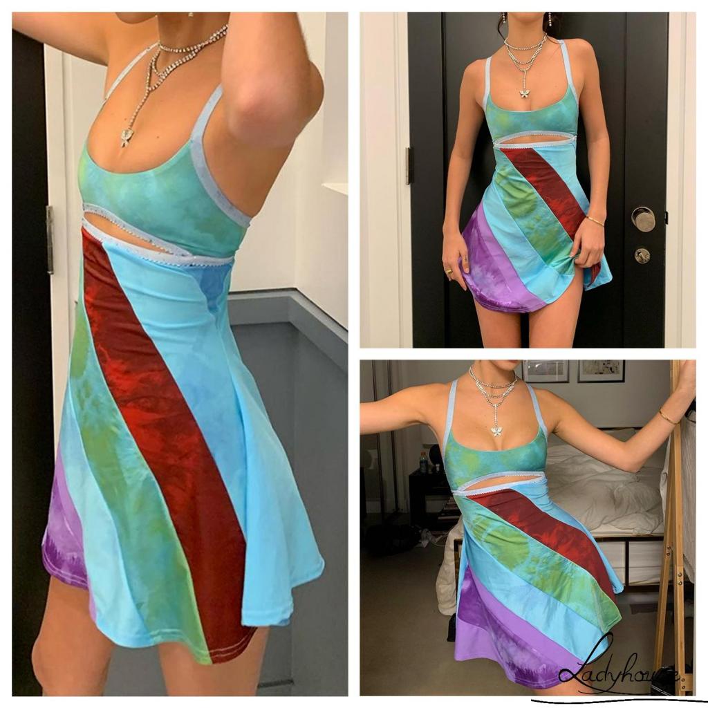 Đầm Chữ A Cổ Chữ U Hai Dây Màu Sắc Tương Phản Thời Trang Cho Nữ