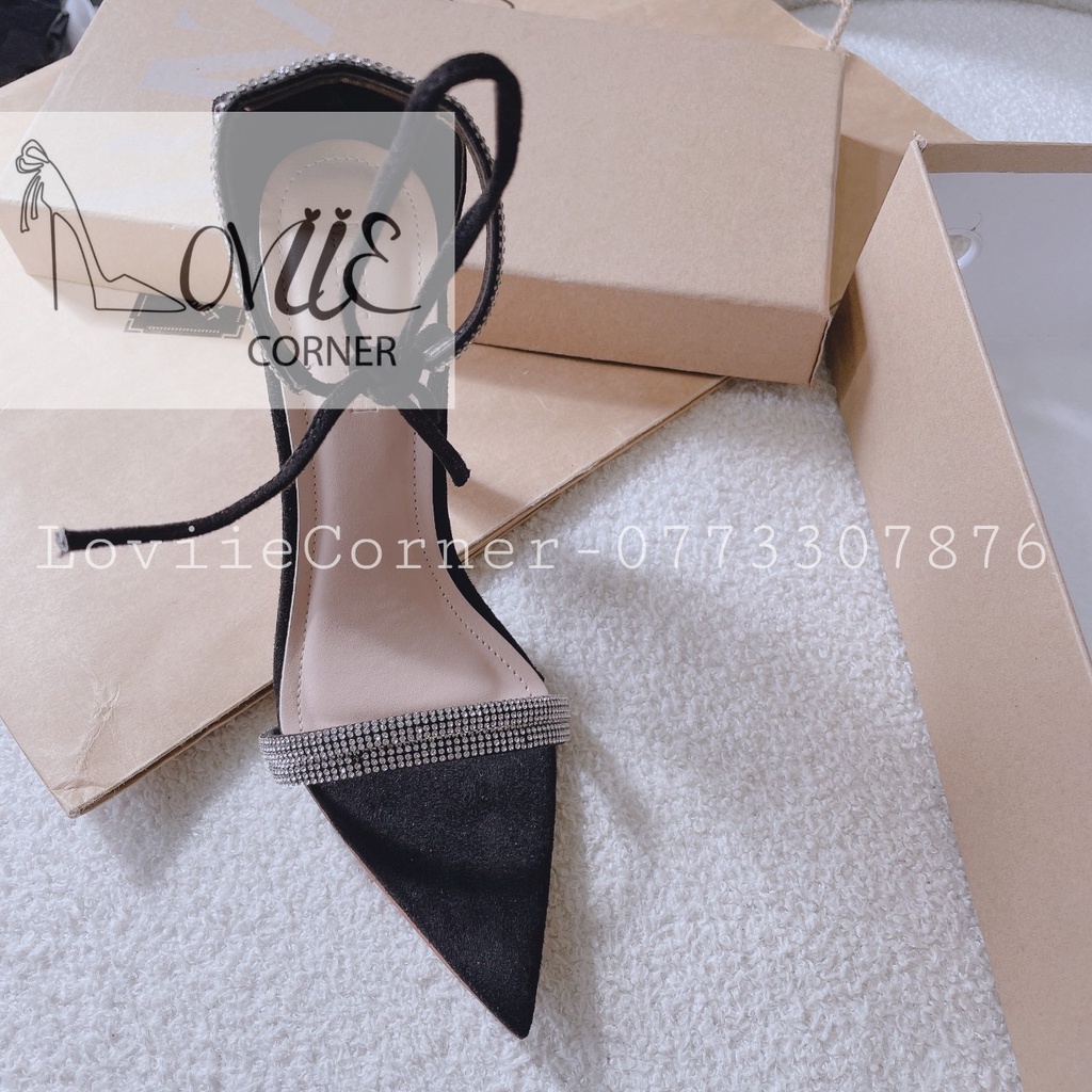 SANDAL CAO GÓT LOVIIECORNER - GIÀY THỜI TRANG QUAI NGANG ĐÍNH ĐÁ - GUỐC NỮ MŨI NHỌN CỘT NƠ 9 PHÂN G221040