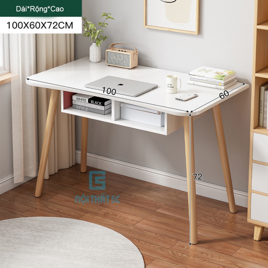 Bàn làm việc, bàn học chân gỗ tự nhiên chắc chắn, bền bỉ màu trắng gỗ MDF cao cấp tích hợp hộc tủ để đồ tiện lợi