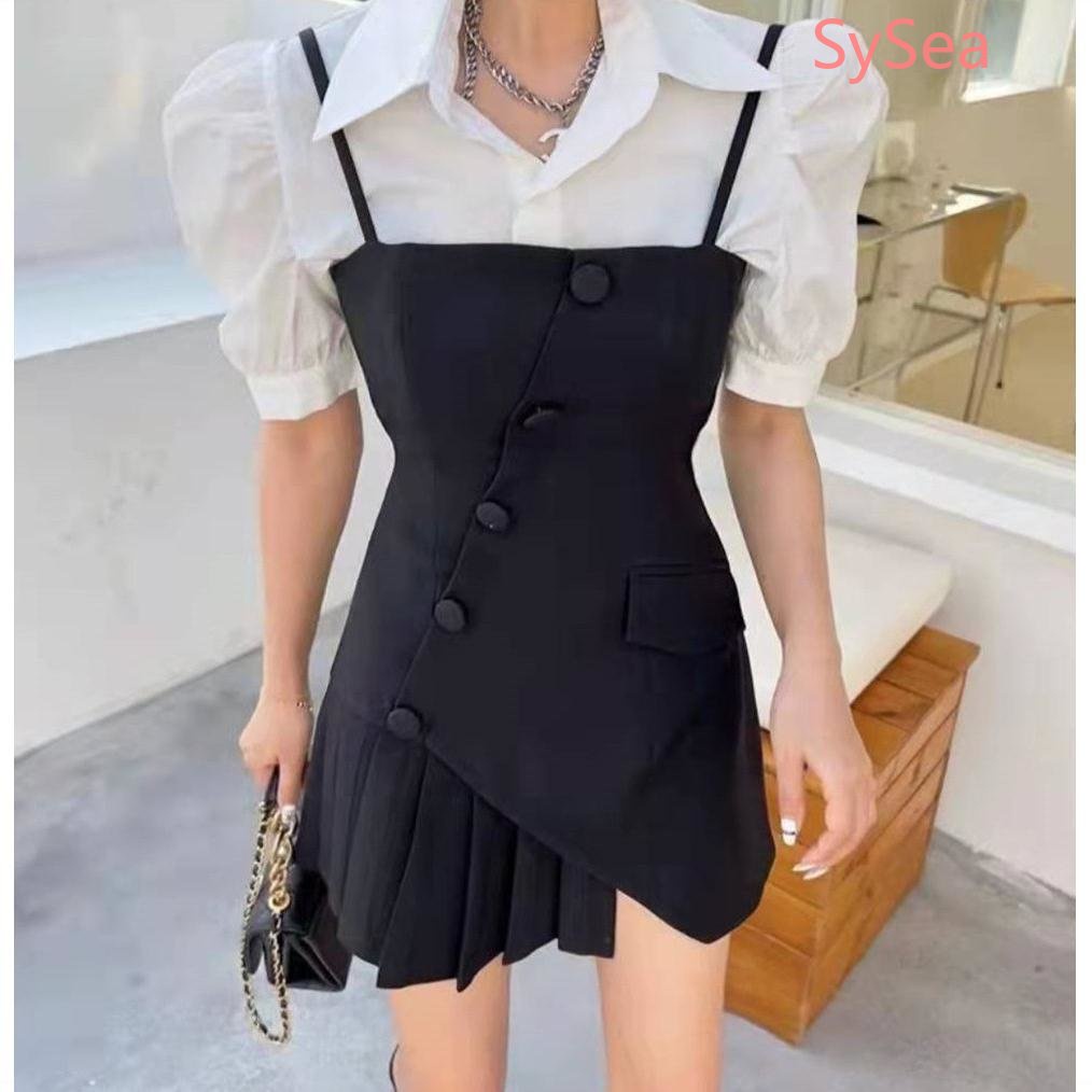 Set Áo Sơ Mi Trắng Phối Đầm Hai Dây Lệch Tà Thời Trang Mùa Hè Trẻ Trung Cho Nữ