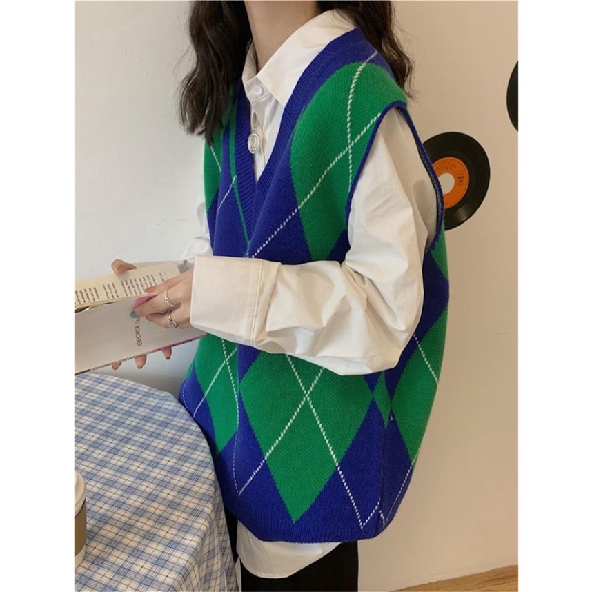 Áo Gile Nữ Len Dệt Kim Dáng Rộng Cổ V  LUHAZO kiểu caro kẻ Phong Cách Hàn Quốc Họa Tiết Trẻ Trung K-10.1
