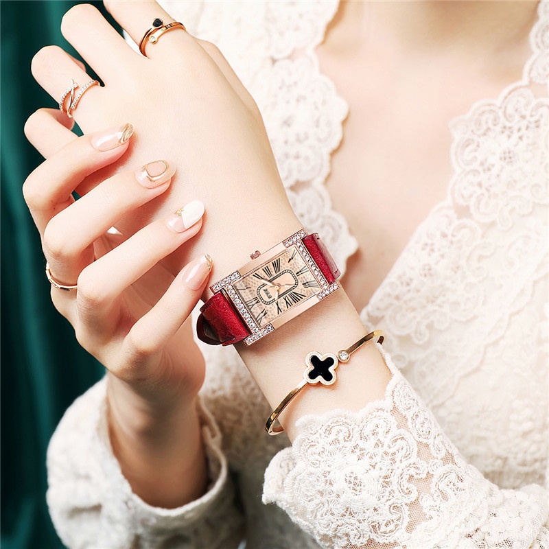 Đồng Hồ Mặt Chữ Nhật Dây Da Thời Trang Cho Nữ