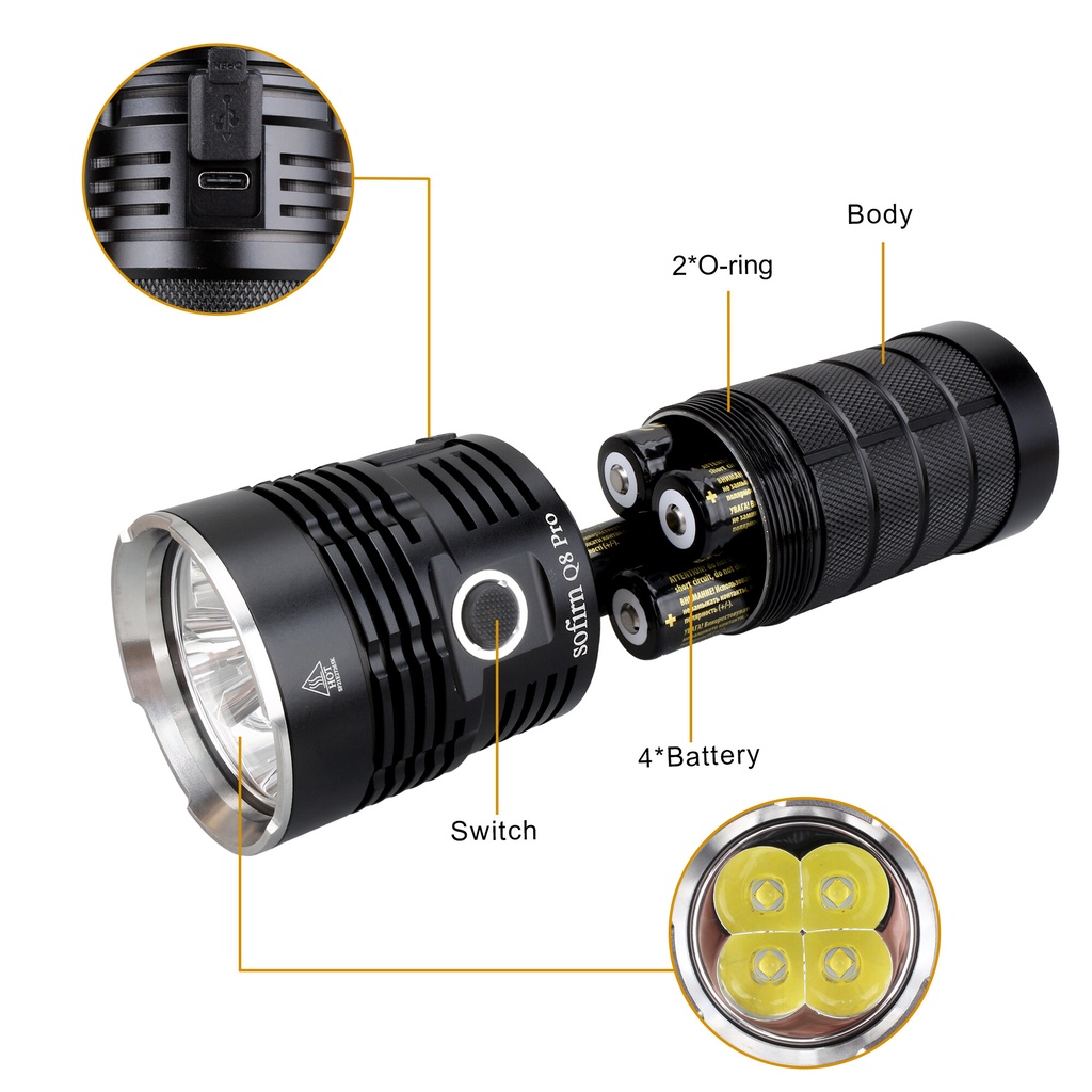 SET đèn pin Sofirn Q8 Pro siêu mạnh 11000 lumen 4* Cree XHP50.2 Anduril II sạc type C với nhiều nâng cấp hơn Q8